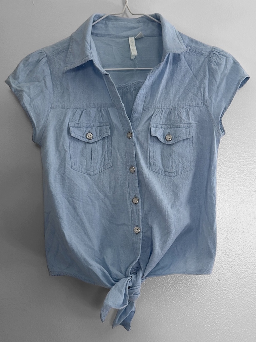 Overdrive Chambray Tie Front Crop Top Womens Size Small Cap Sleeve Button Up
